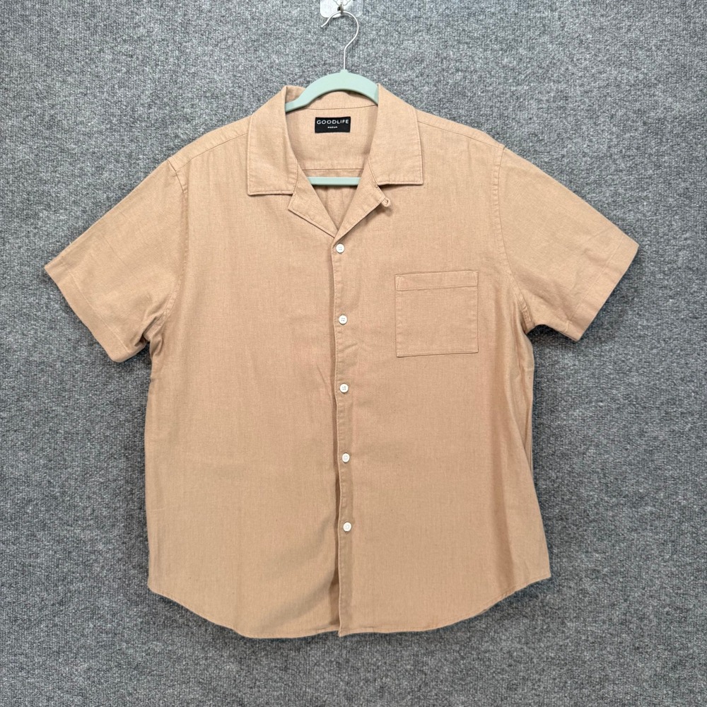 Goodlife Button Up Shirt Mens Medium Tan Linen Cotton Blend Camp Collar Casual
